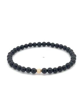 14K Gold Corrugated Accent Bead Natural Black Onyx Gemstone Stretch Bracelet